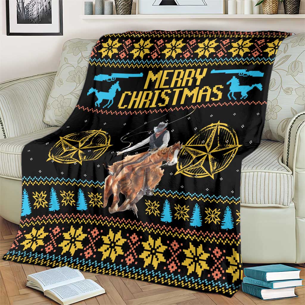 Black cowboy Christmas blanket with 'Merry Christmas' and gold stars plus festive border