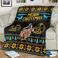 Black cowboy Christmas blanket with 'Merry Christmas' and gold stars plus festive border