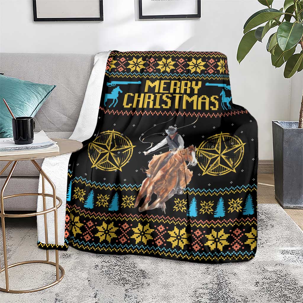 Black cowboy Christmas throw blanket with 'Merry Christmas' text and gold horse-star artwork