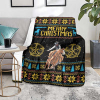 Black cowboy Christmas throw blanket with 'Merry Christmas' text and gold horse-star artwork