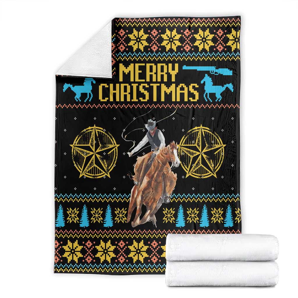 Black cowboy Christmas blanket folded, 'Merry Christmas' text with gold star and horse graphics