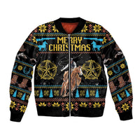 Unisex bomber jacket with Merry Christmas cowboy graphic, black with blue and gold trim