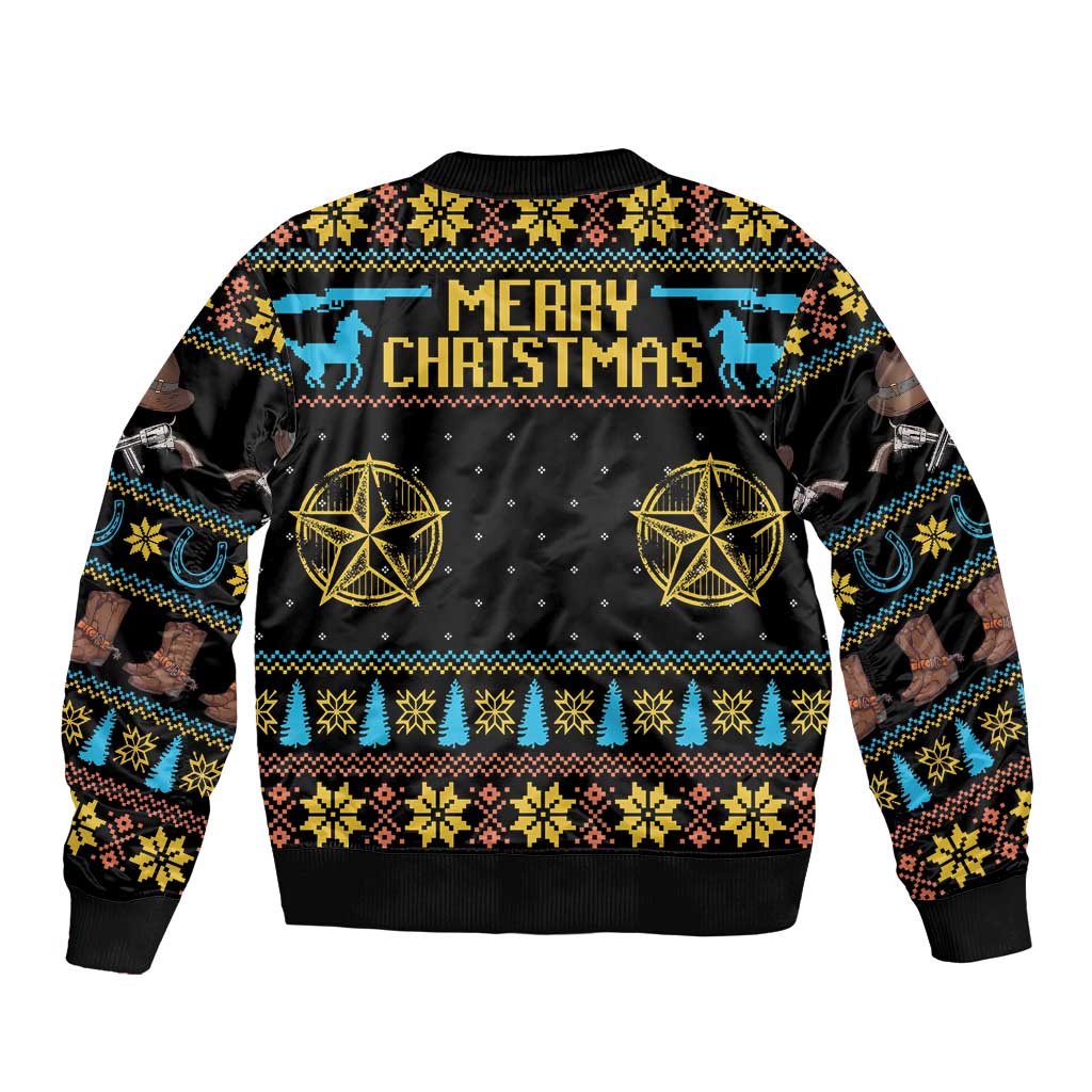 Unisex bomber jacket back with Merry Christmas cowboy print, black with blue and gold