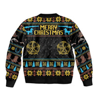 Unisex bomber jacket back with Merry Christmas cowboy print, black with blue and gold