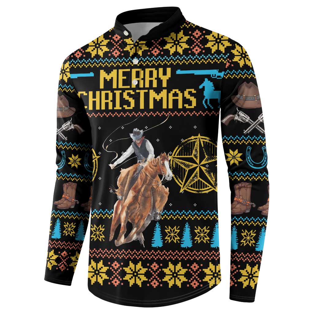 Men's button-up Christmas sweatshirt with black base and 'MERRY CHRISTMAS' front print