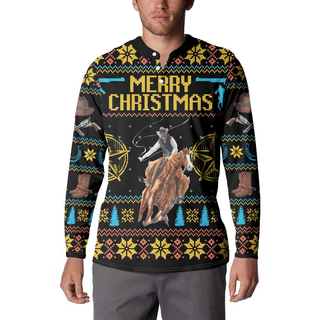 Men's button-up Christmas sweatshirt on model, black with cowboy 'Merry Christmas' artwork