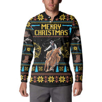 Men's button-up Christmas sweatshirt on model, black with cowboy 'Merry Christmas' artwork