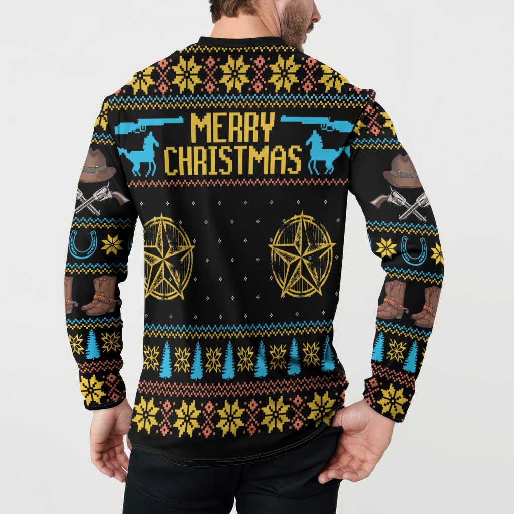 Men's button-up Christmas sweatshirt back view, black with cowboy holiday ornament graphic