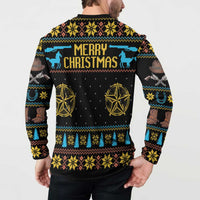 Men's button-up Christmas sweatshirt back view, black with cowboy holiday ornament graphic