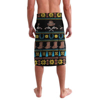 Blue and black Christmas lavalava skirt with festive icons and animal figures across