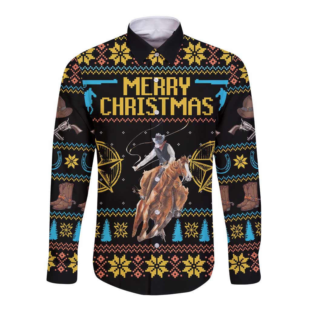 Long-sleeve button shirt with cowboy horse and 'Merry Christmas' front print, black/blue