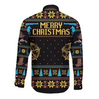 Long-sleeve button shirt with 'Merry Christmas' back print and cowboy-hat motifs, black/blue