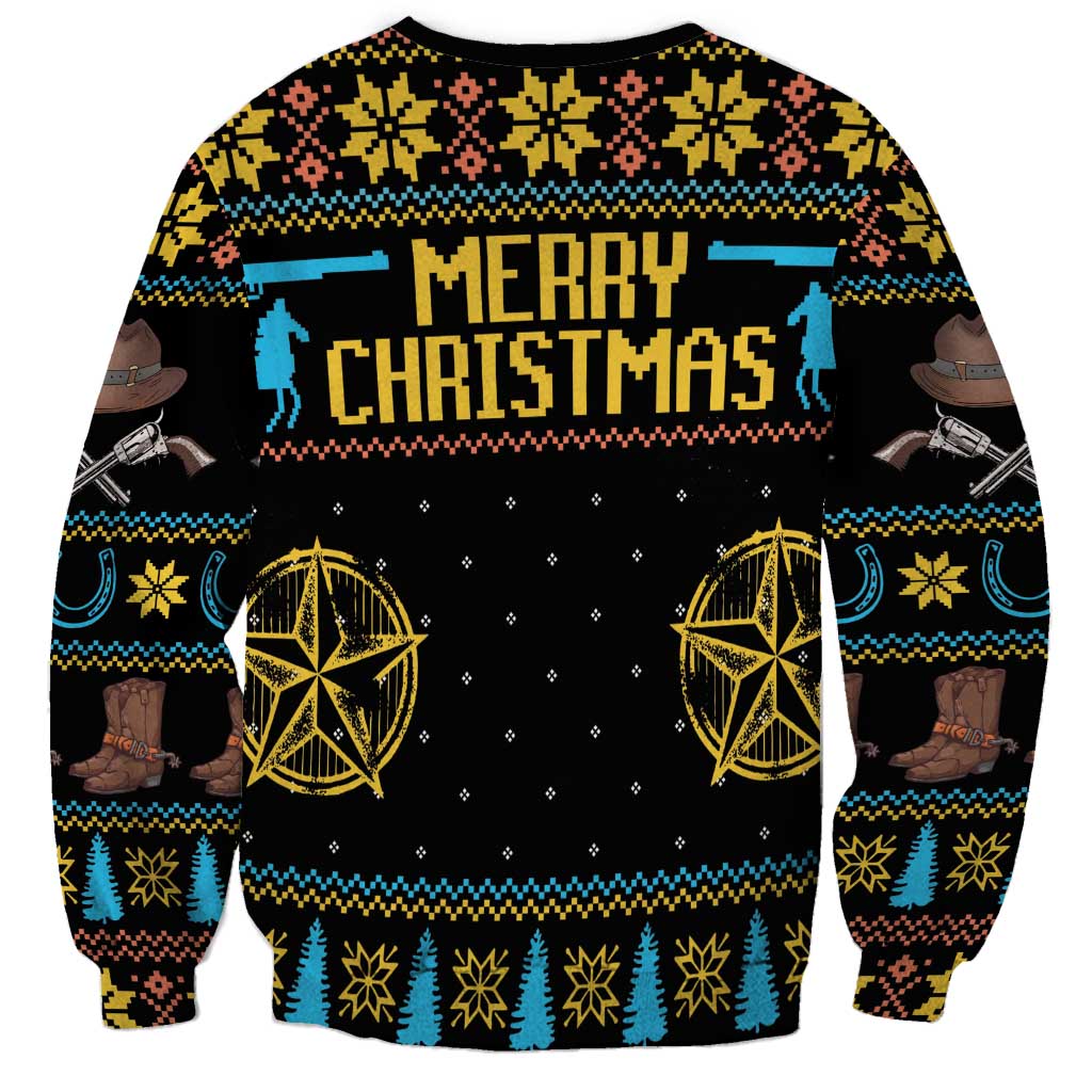 Unisex Christmas sweatshirt with Merry Christmas text, boots, and gold star icons
