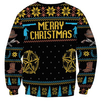 Unisex Christmas sweatshirt with Merry Christmas text, boots, and gold star icons
