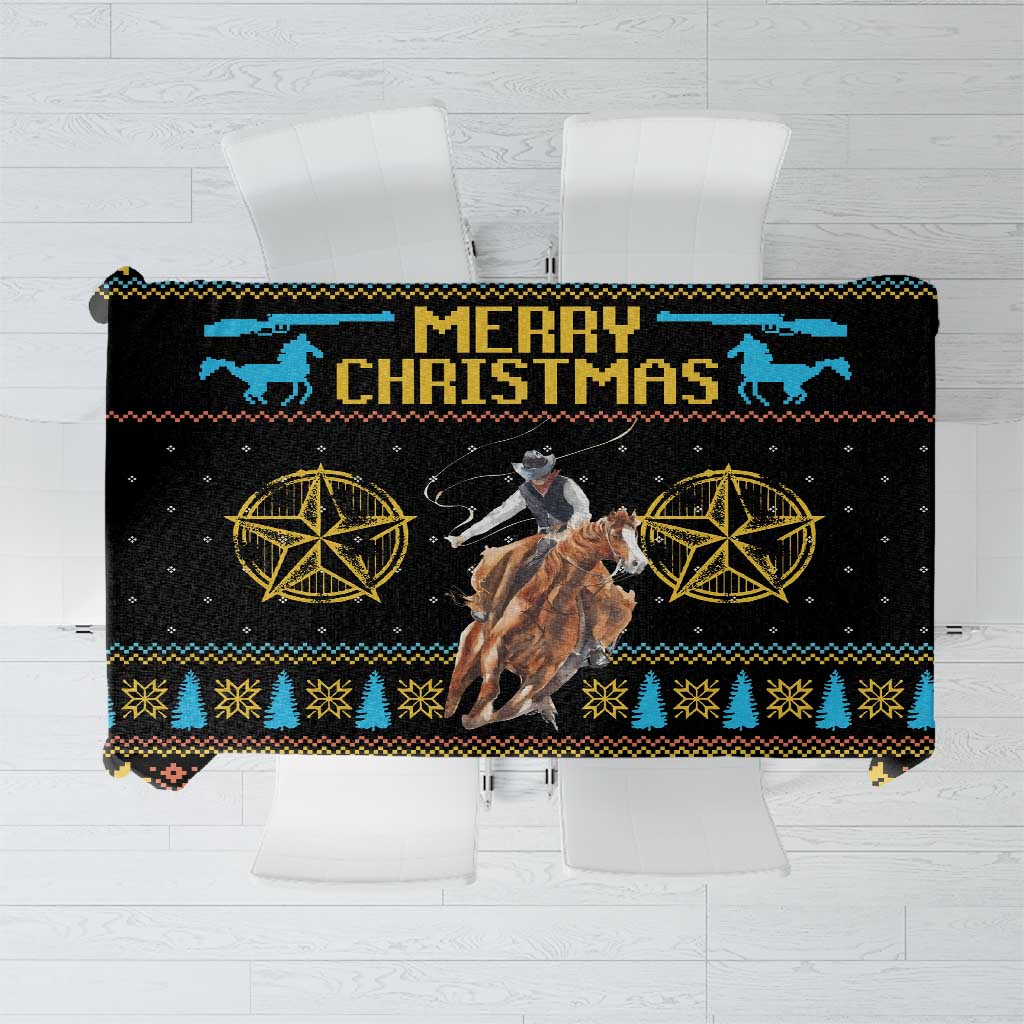 Christmas tablecloth with cowboy scene, stars, and “Merry Christmas” text on dark background