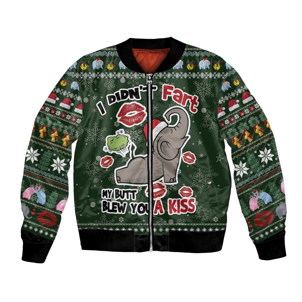 Green unisex bomber jacket with elephant graphic and festive holiday text