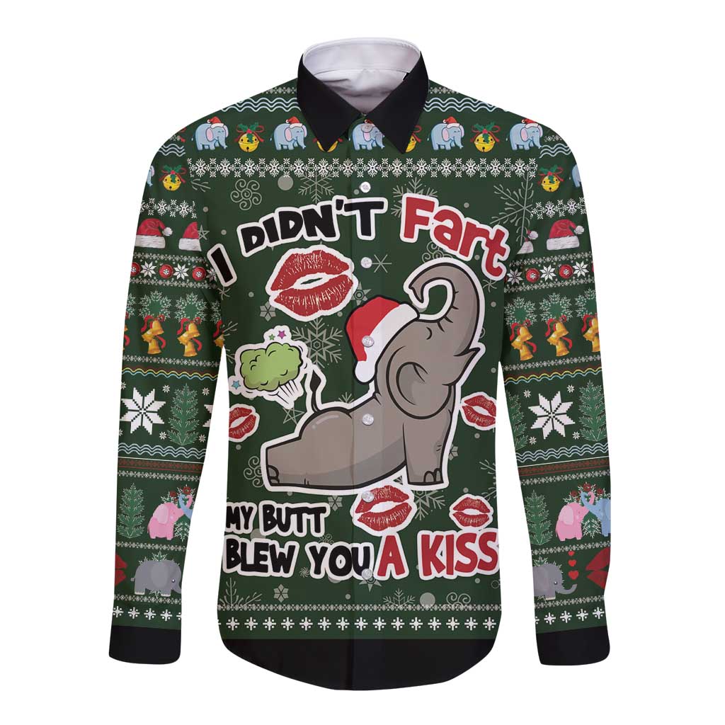 Green unisex long-sleeve button shirt with cartoon elephant and bold Christmas text