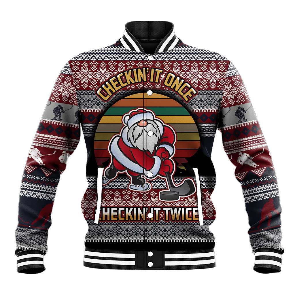 Red and black hockey-themed varsity baseball jacket with Santa graphic and striped cuffs