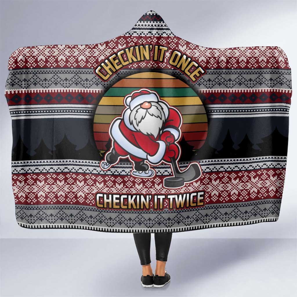 Hockey Checking It Once Checking It Twice Hooded Blanket Santa Playing Ice Hockey Christmas