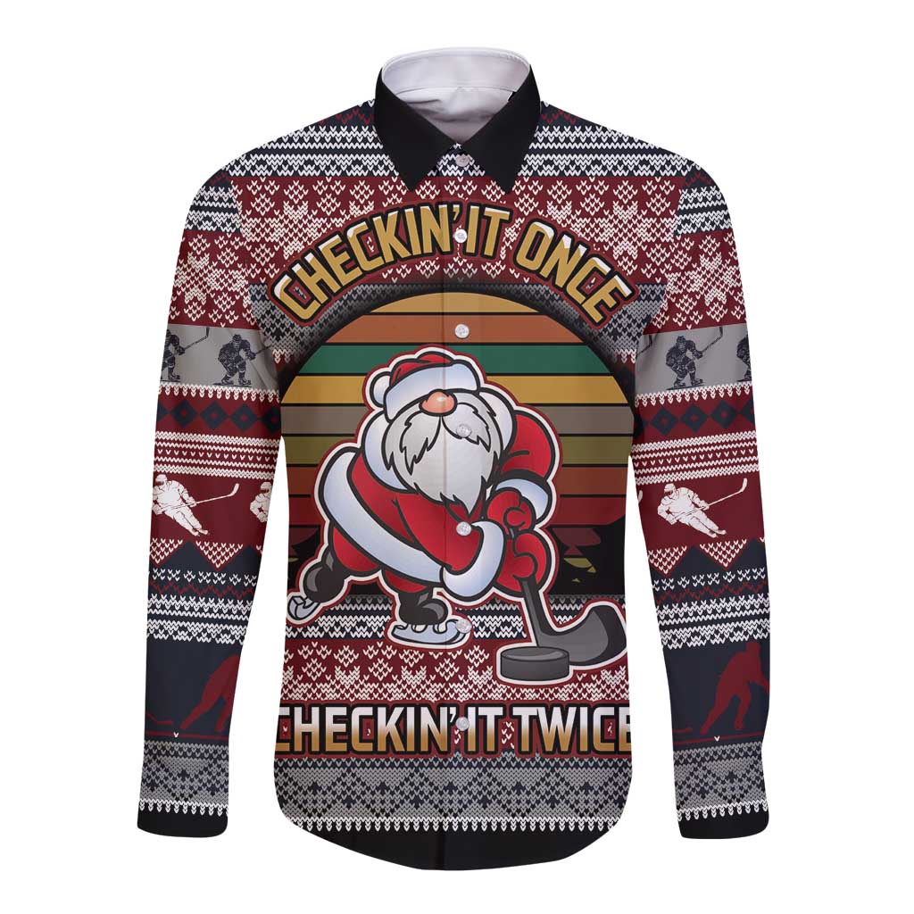 Unisex long-sleeve button shirt, red hockey Santa front graphic
