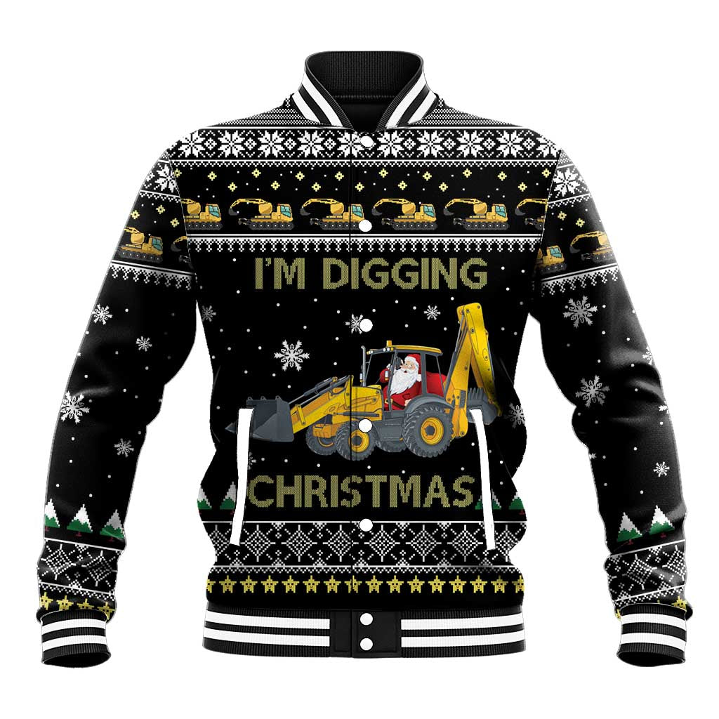 Unisex black baseball jacket with tractor Santa and festive holiday patterns, button front