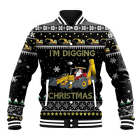 Unisex black baseball jacket with tractor Santa and festive holiday patterns, button front