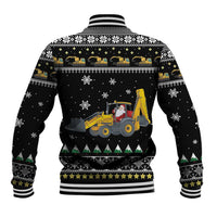 Unisex black baseball jacket back view with tractor Santa graphic and holiday snowflake pattern