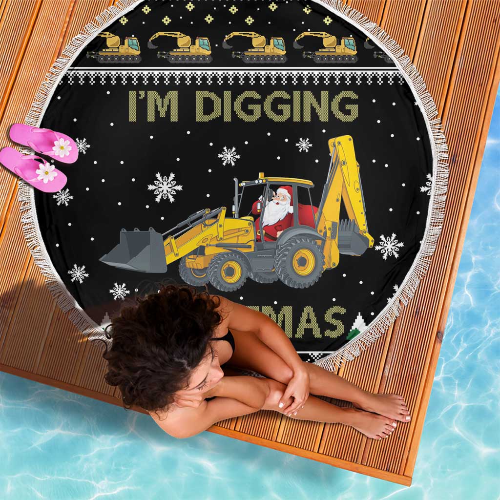 Round black beach blanket with fringe, yellow tractor and Santa, holiday pattern border