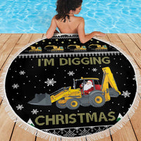 Round black beach blanket, fringe edge, yellow tractor with Santa, 'I'm Digging Christmas'