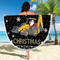 Round black beach blanket with fringe, yellow tractor and Santa, 'CHRISTMAS' text
