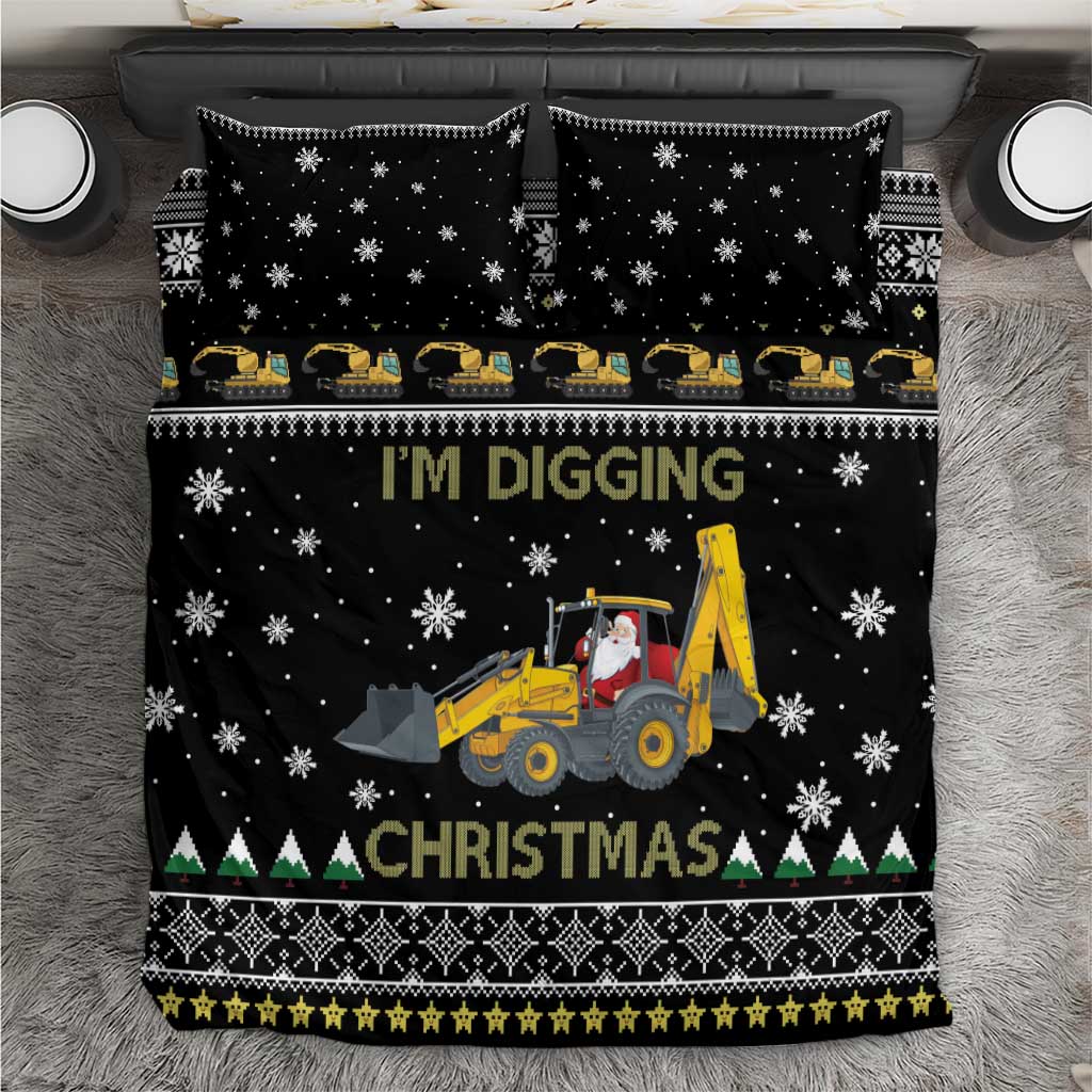 Black duvet bedding set with two pillow shams; 'I'm Digging Christmas' tractor and snowflakes