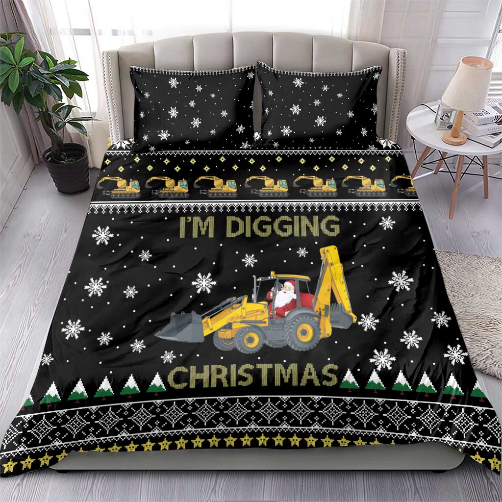 Black bedding set with two pillow shams and duvet: 'I'm Digging Christmas' tractor snowflakes