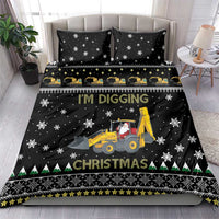 Black bedding set with two pillow shams and duvet: 'I'm Digging Christmas' tractor snowflakes