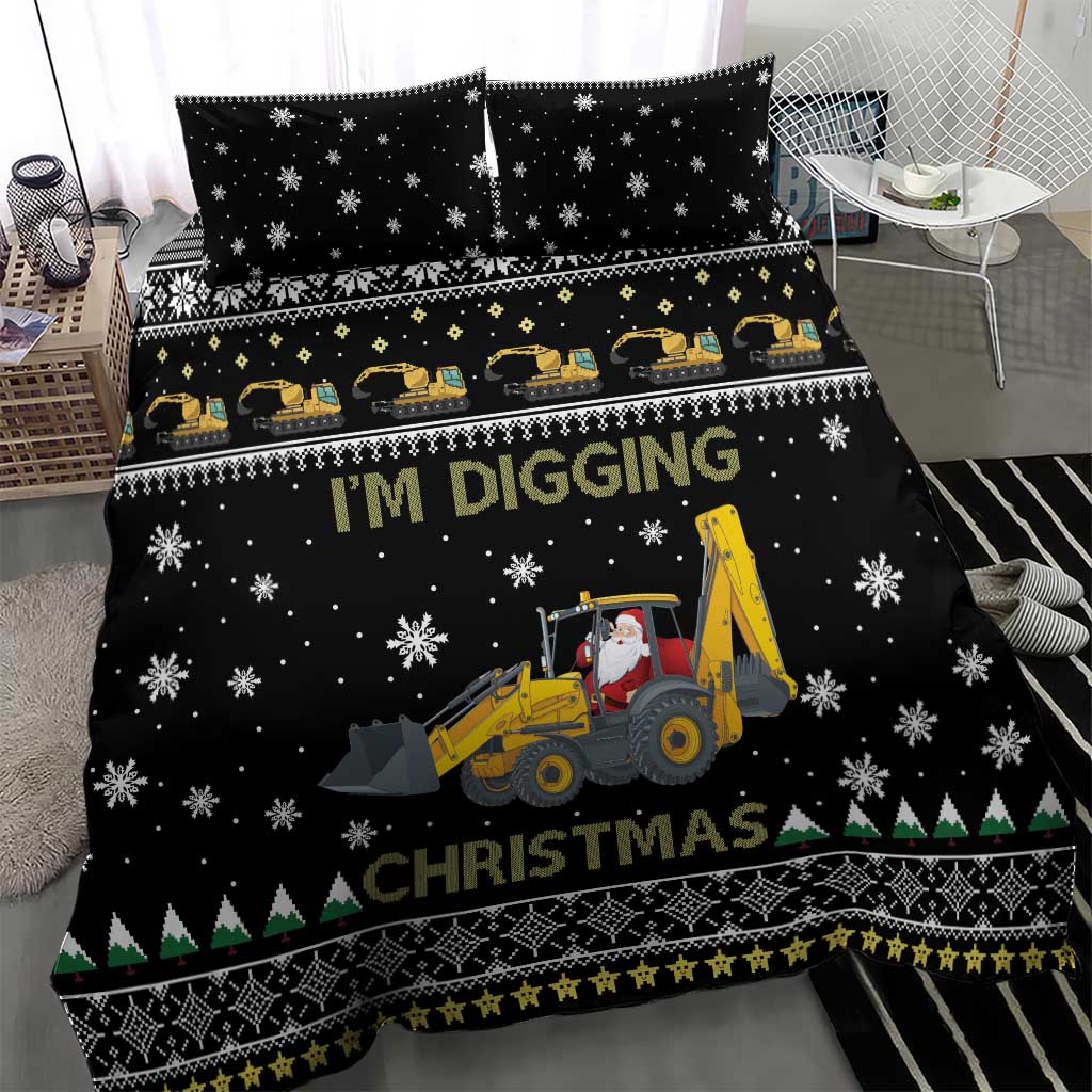 Black Christmas bedding set with 'I'm Digging Christmas' text, tractor, and snowflakes