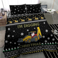 Black Christmas bedding set with 'I'm Digging Christmas' text, tractor, and snowflakes