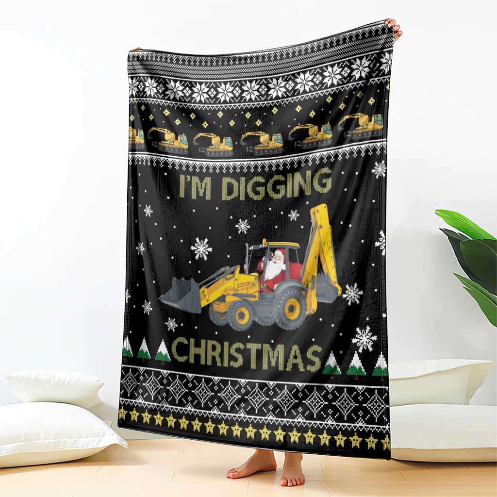 Black Christmas blanket with tractor and Santa graphic, snowy snowflake pattern border