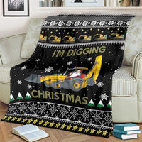 Black Christmas blanket with yellow excavator, Santa driver, digging text design