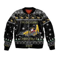 Unisex black bomber jacket with tractor and Santa Claus graphic, zipper front