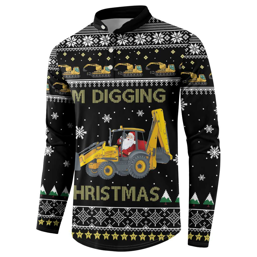 Black button-front sweatshirt showing 'I'm Digging Christmas' tractor graphic