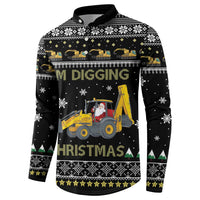 Black button-front sweatshirt showing 'I'm Digging Christmas' tractor graphic