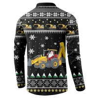 Black button-front sweatshirt back with tractor, snowflake, and holiday border print