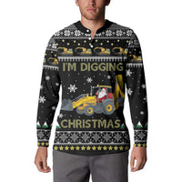 Black button-front sweatshirt on model with tractor and 'I'm Digging Christmas' text