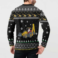 Black button-front sweatshirt back close-up with tractor scene and snowflake motifs