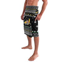 Black Christmas shorts with tractor, Santa, and snowflake print, front angled view