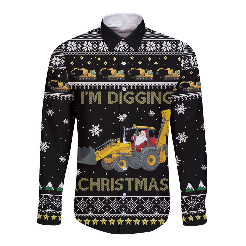 Unisex black long-sleeve button shirt with tractor graphic and Christmas slogan