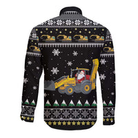 Unisex black long-sleeve button shirt back with tractor graphic, snowflakes, and Christmas text