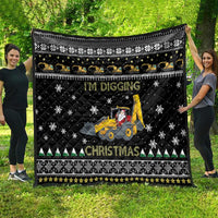 Black Christmas throw quilt with tractor scene, “I’M DIGGING” and snowflake patterns