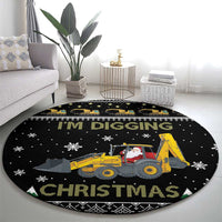 Round black Christmas rug featuring yellow backhoe, Santa, and "I'm Digging Christmas"