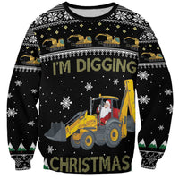 Black Christmas sweatshirt with tractor Santa, 'I'm Digging' and 'CHRISTMAS' lettering