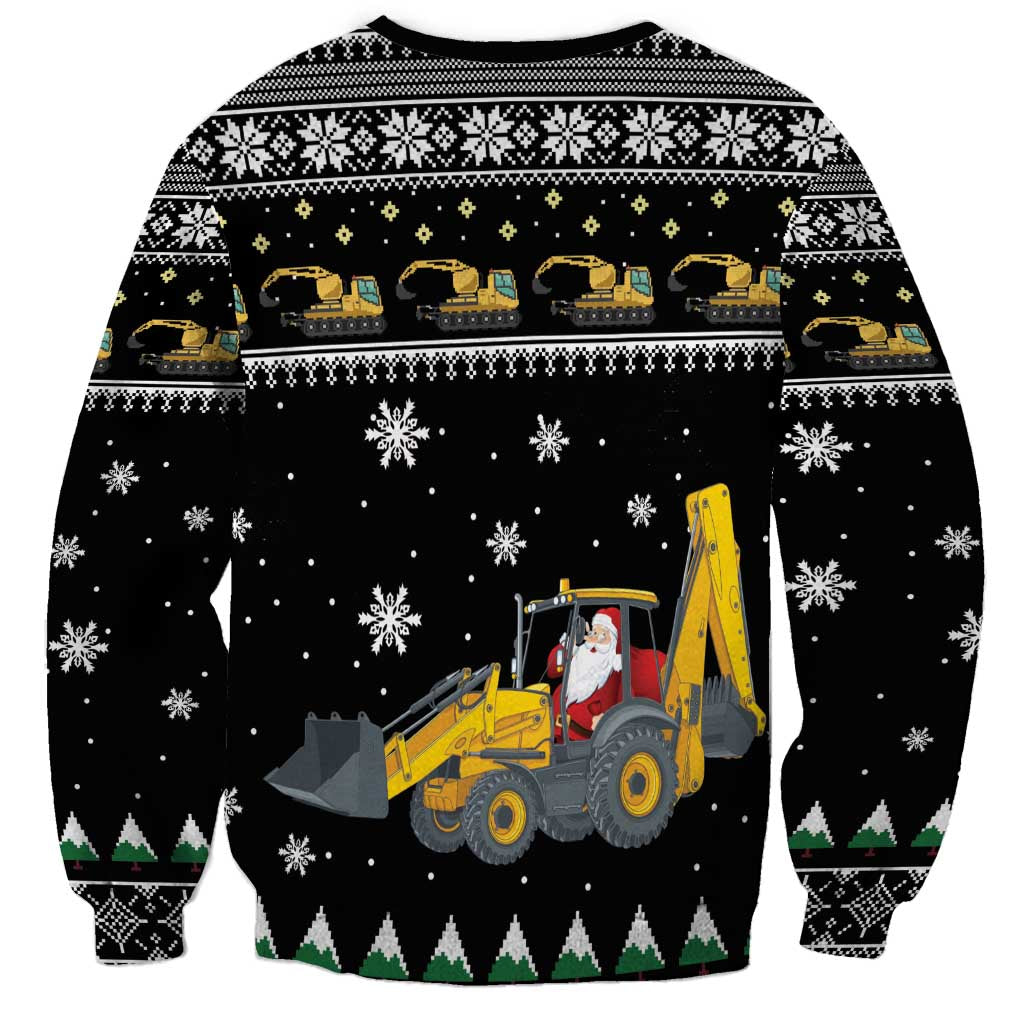 Black Christmas sweatshirt with tractor Santa graphic and snowflake knit pattern sleeves